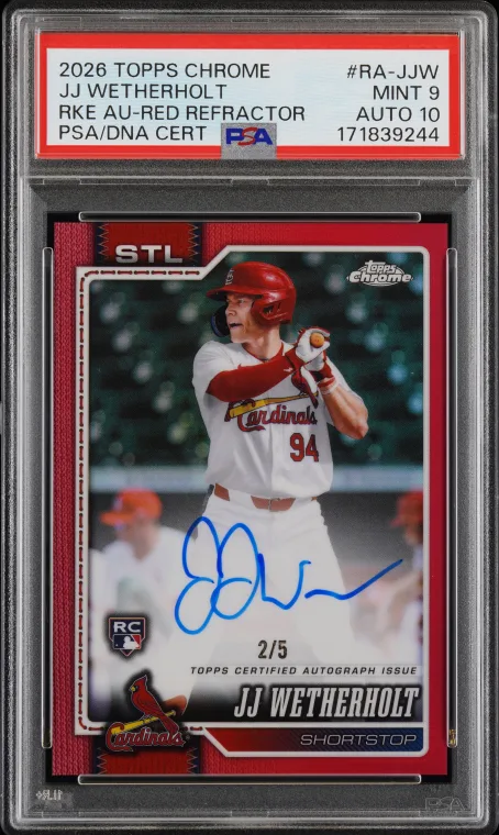 2026 Topps Chrome JJ Wetherholt RC Auto Red Refractor /5 PSA 9 Auto 10 POP 1